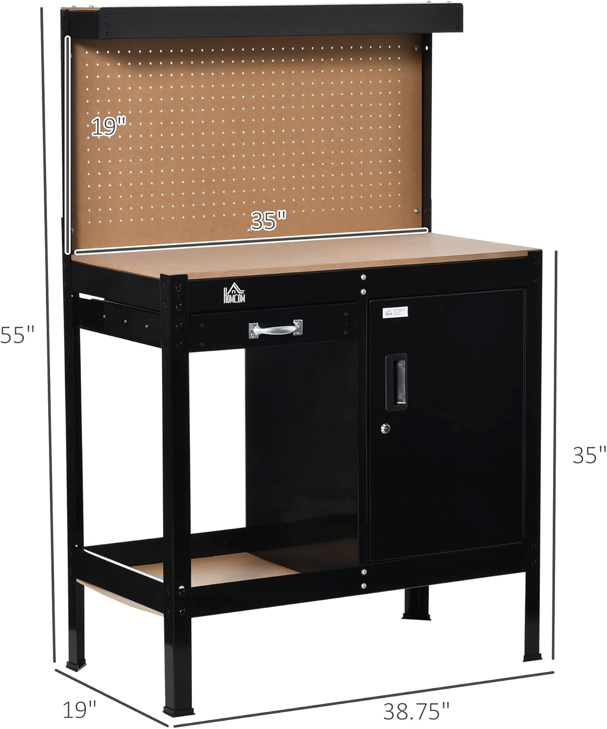 HOMCOM Multipurpose Workbench, Workshop Tool Table with Slide Drawer. Peg Board, Storage Cabinet with Keys