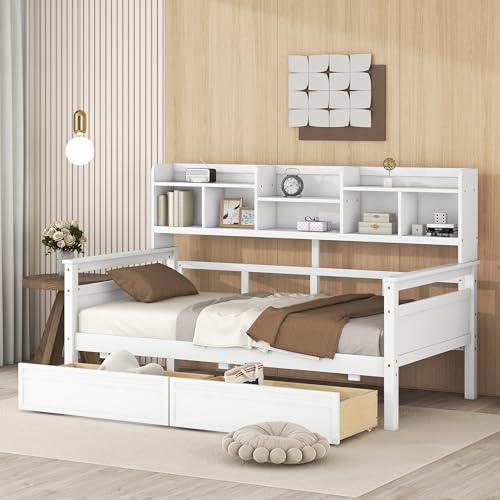 WADRI Multi-Functional Twin Size Daybed with Bedside Shelf and 2 Storage Drawers