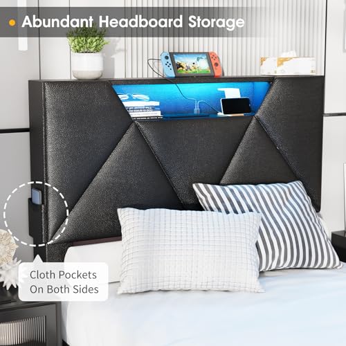 Vabches Queen Bed Frame with Storage Headboard and 4 Drawers,Upholstered Platform with Charging Station and Led Lights,Adjustable Headboard