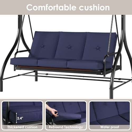 TLSUNNY 3-Seat Outdoor Patio Porch Swing with Adjustable Canopy & Backrest, Convertible Glider Bed with Stand, Removable Seat Cushion
