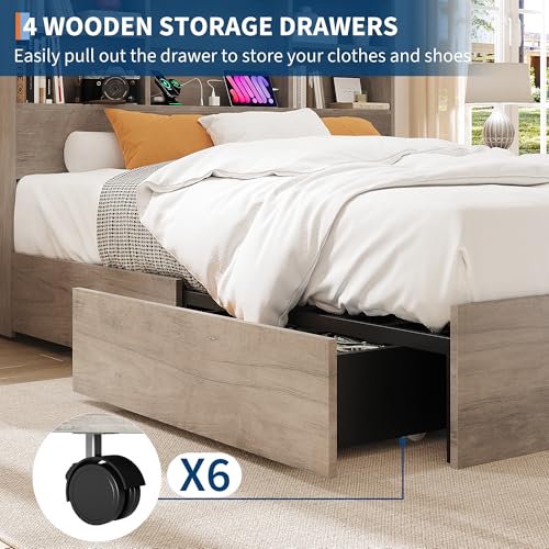 GarveeHome Full Size Bed Frame with High Storage Bookcase Headboard, Wood Bed Frame with 4 Storage Drawers, Built in Charging Station
