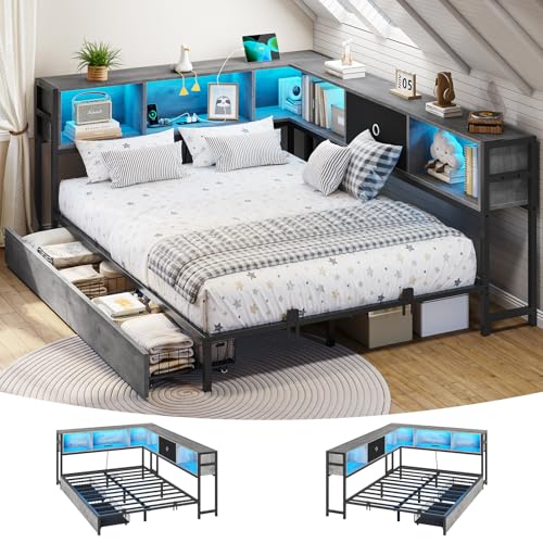 DICTAC Corner Full Bed Frame with Bookcase Storage and Led Lights Full Size Metal Platform Bed Frame with Storage Drawers & Charging Station Full