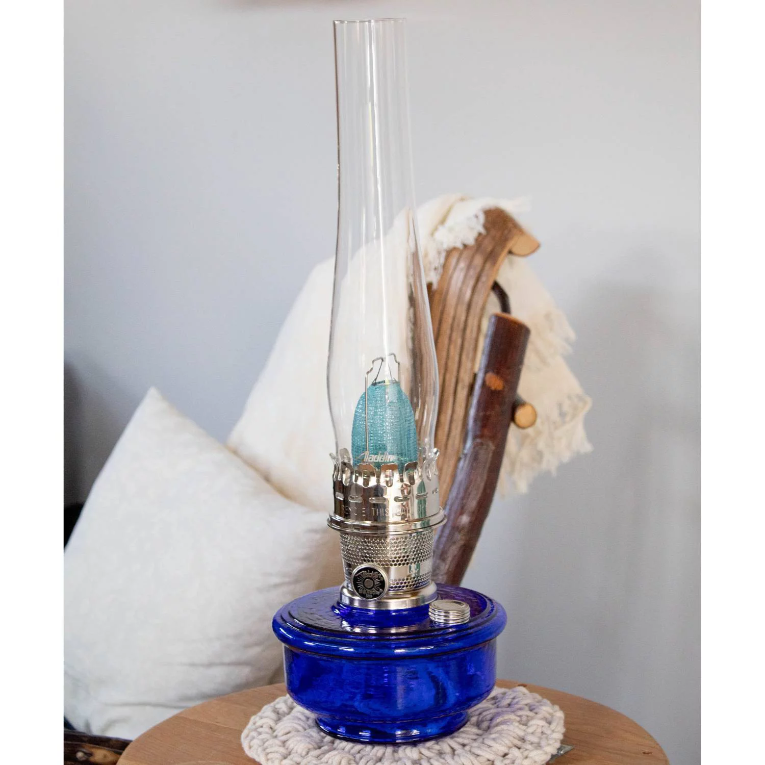 Aladdin Genie III Oil Lamp, Indoor Emergency Lighting for Shelf, Table or Hanging, Cobalt Blue Glass Bowl with Nickel Burner