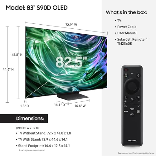 SAMSUNG 65-Inch Class OLED 4K S90D Series HDR+ Smart TV w/Dolby Atmos, Object Tracking Sound Lite, Motion Xcelerator, Real Depth Enhancer