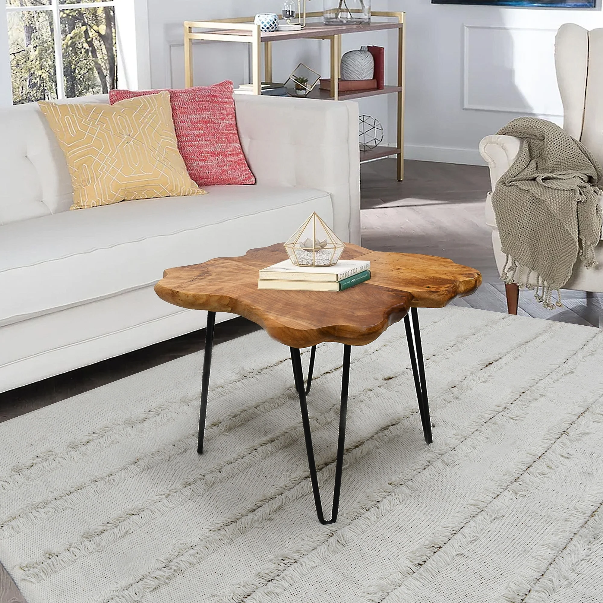 Greenage Live Edge Wood Coffee Table 4 Panels Table with Hairpin Legs Natural 21''