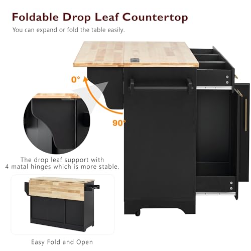 Merax 59.3" Kitchen Island with Storage, 2 Pull Out Cabinet Organizers & Rubber Wood Drop Leaf, Rolling Island Table with Trash Can Storage