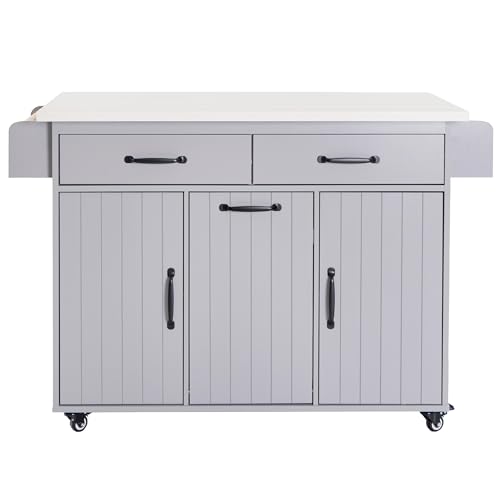 Ball & Cast Farmhouse Kitchen Island with Drop Leaf & Barn Door,Rolling Kitchen Cart on Wheels with Power Outlet,3 Large Drawers