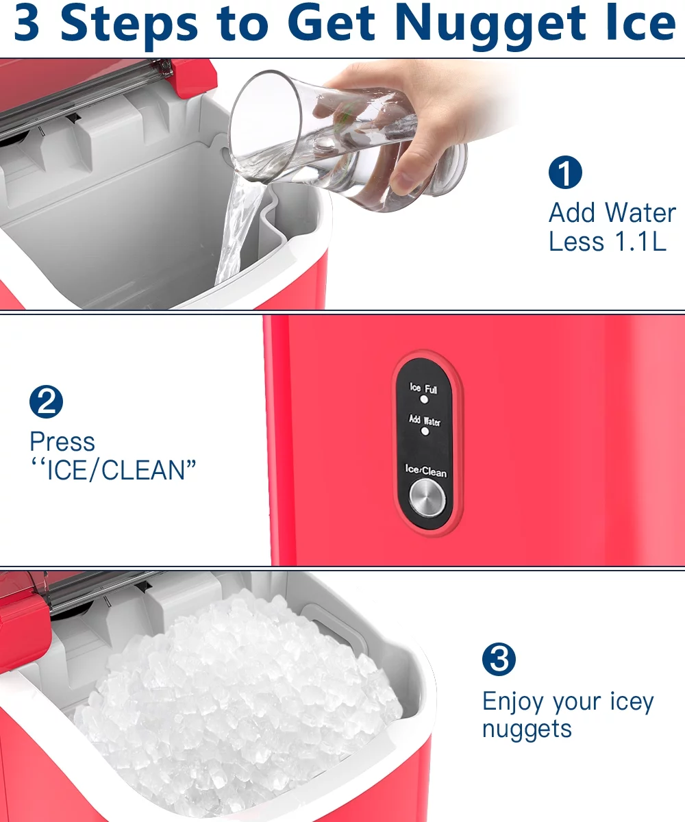 COWSAR 33lbs Countertop Nugget Ice Maker, Potable with Scoop,聽Soft Nugget Ice Ready in 10mins, Red