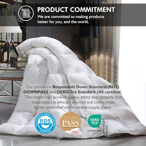 Luxurious Oversized King 108" x 98" Size Goose Down Fiber Waterfowl Feather Fiber Comforter Duvet, 100% Egyptian Cotton Cover, 65 oz. Fill Weight