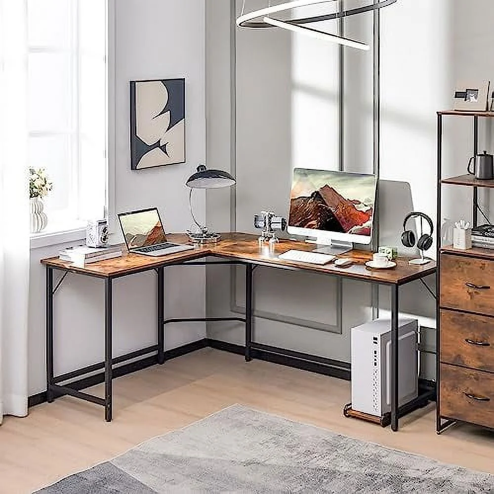HJZBNONE L-Shaped Desk with CPU Stand  66 Inch Wooden -Saving Corner Desk w/Metal Frame  Large Computer Gaming PC Desk  Writing Table Study Desk for