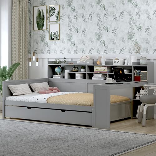 Corner Twin Bed Frame with Bookcase Storage and Desk, Wood Day Beds with 2 Drawers, Twin Size Daybed with Storage for Living Room