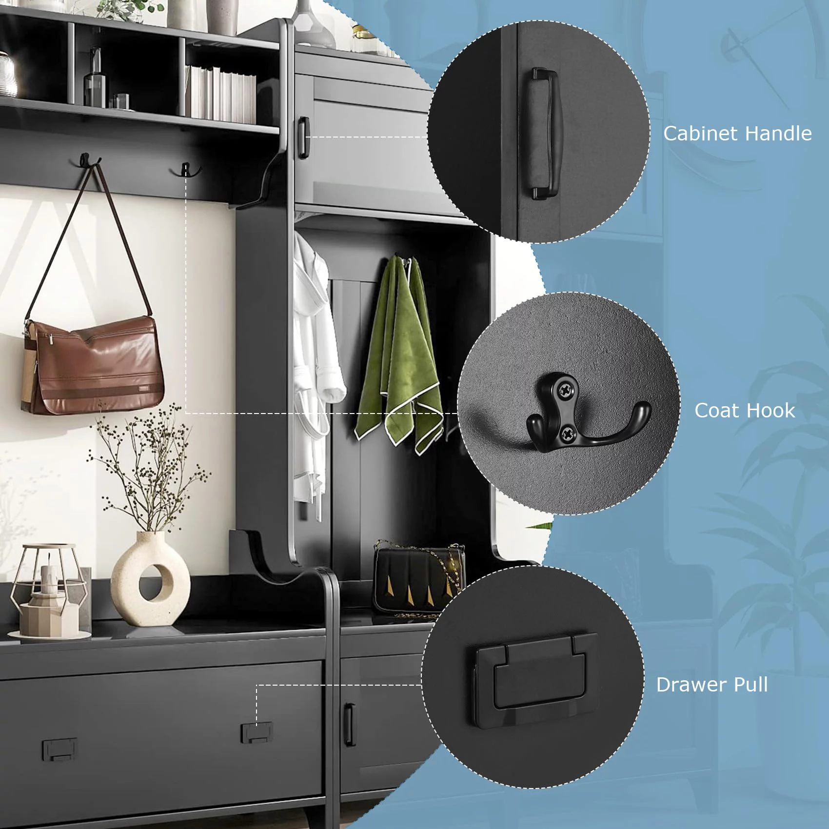 Hall Tree with Bench and Shoe Storage, 4 In 1 Entryway Bench with Coat Rack and 4 Cabinet, Mudroom Bench with 7 Double Hooks