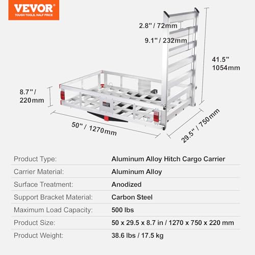 VEVOR 50 x 29.5 x 8.7 inch Hitch Cargo Carrier, 500lbs Capacity Trailer Hitch Mounted Cargo Basket, Aluminum Luggage Carrier Rack with Folding Ramp
