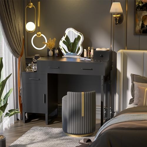 Vanity Desk with 4 Storage Drawers - Modern Makeup Vanity Table with Charging Station