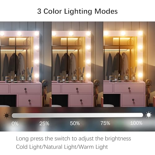 Vanity Desk & Power Outl, Makeup Vanity with Mirror and 12 LED Lights, Makeup Table with 11 Drawers, Vanity Table with Chair