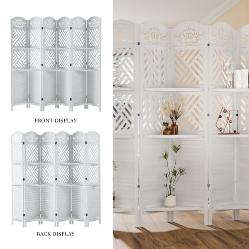 Room Divider with Shelves, 5.75ft Tall Folding Wood Carved Screen with Double Hinges for Home Office Bedroom Hotel Decoration (6 Panels, Natural)