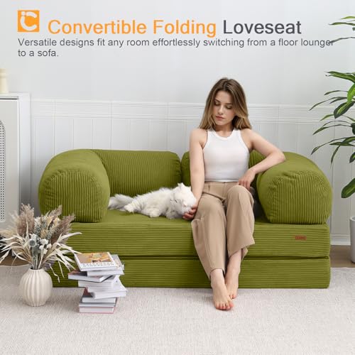 COMAX Folding Sofa Bed, Convertible Chair Bed Corduroy 3-in-1 Foldable Floor Couch with High-Density Foam, Futon Sofa Sleeper Mattress