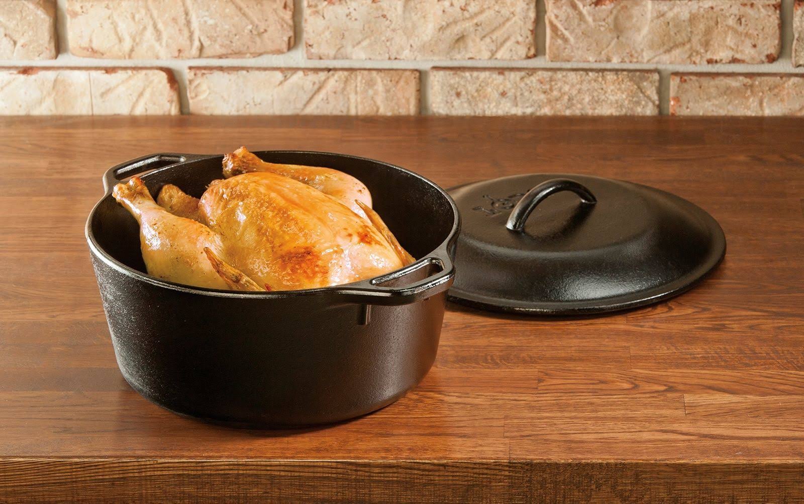 Lodge L8DOL3HH41PLT Cast Iron Dutch Oven with Handle Holders, 5 Quart, Black/Red
