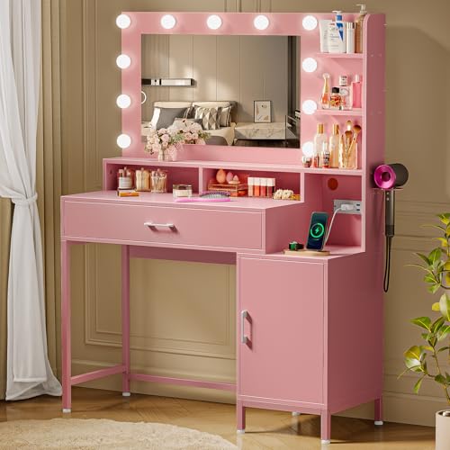 Vanity Desk with Mirror and Lights, Makeup Vanity with Storage Drawer, Power Outlet and Large Cabinet for Bedroom - White