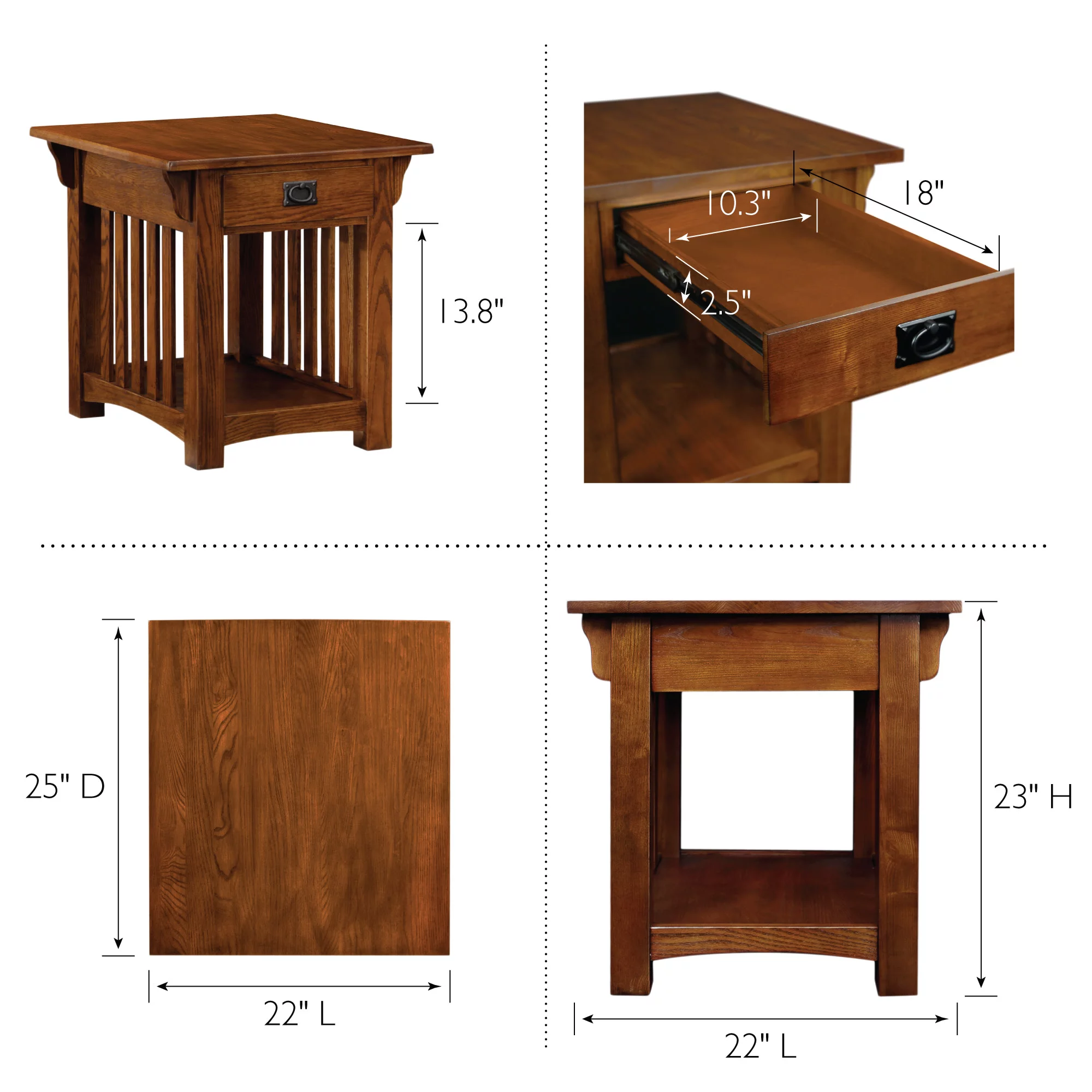 Leick Home 8207 Mission Impeccable End Table with Drawer, Made with Solid Wood, Side Table for Living Room, Bedroom, Medium Oak Finish