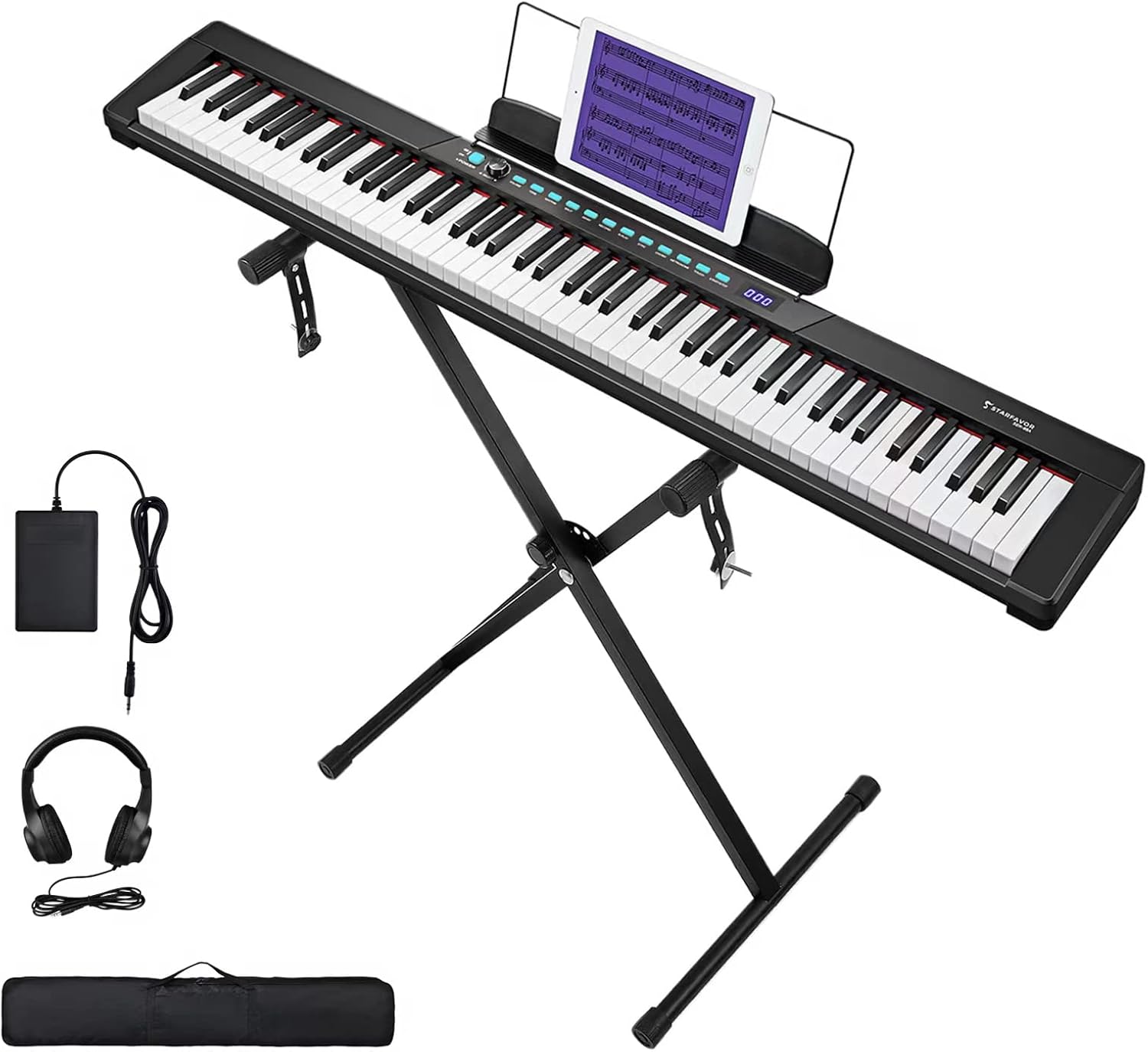 Starfavor 88-Key Beginner Electronic Keyboard Piano with Semi-Weighted Keys, X-Stand, Sustain Pedal, Power Supply, Carrying Case