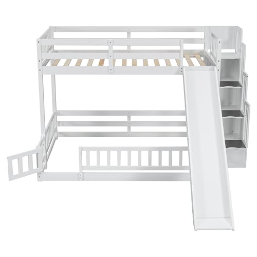 Twin Over Full Bunk Bed - Modern Wooden Floor Bunk Bed with Slide, Storage Staircase & Safety Fence Guardrails