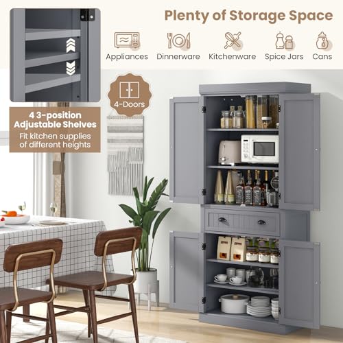 Tangkula 72" H Kitchen Pantry Cupboard Cabinet, Traditional Freestanding Large Tall Storage Cabinet with 2 Cabinets and Drawer, Adjustable Shelves