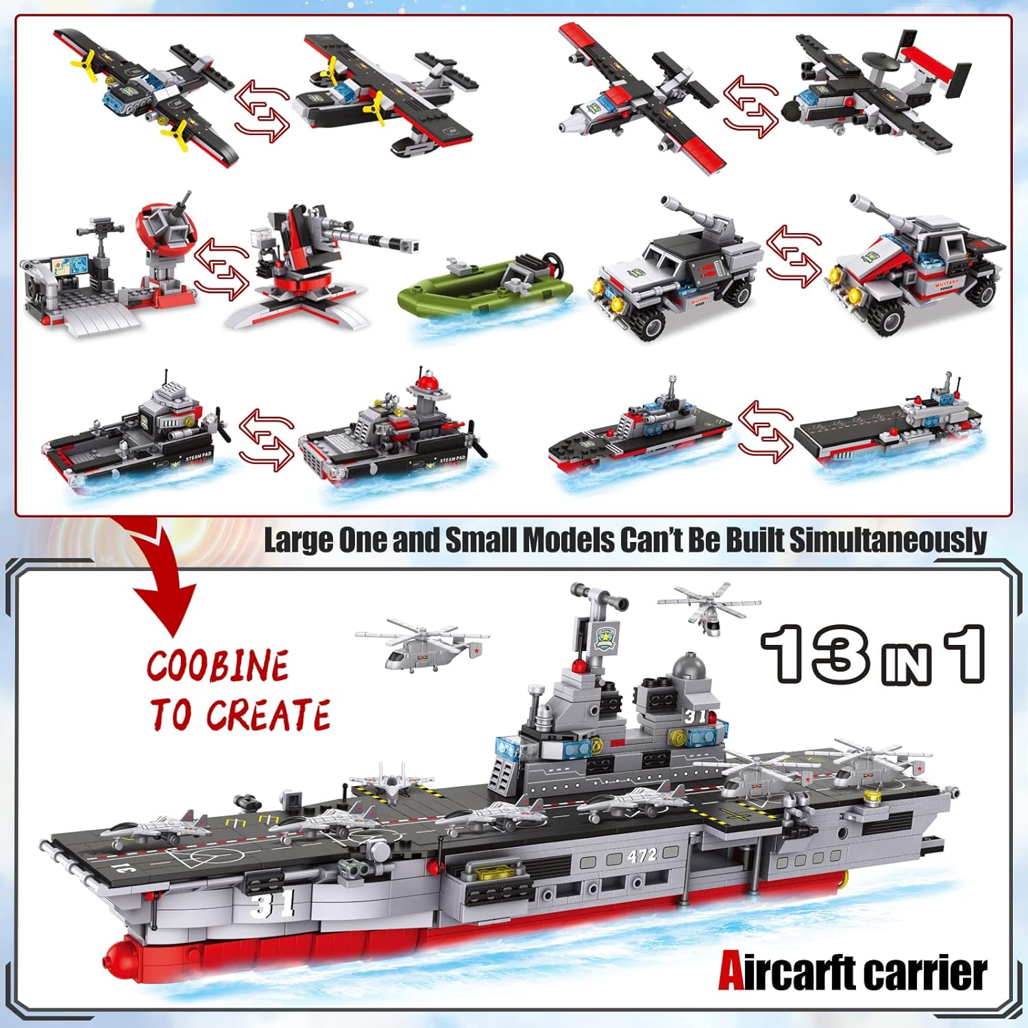 1161 Pieces Aircraft Carrier Building Blocks Set, 13 in 1 Military Battleship Model Building Toy Kit with Armored Tank, Fighter