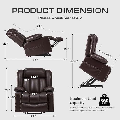 Large Power Lift Chairs Recliners for Elderly with Heated and Massage, Overstuffed Adjustable Lift Chairs, 3 Positions, Breathable Leather
