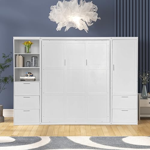 Queen Size Murphy Bed with Desk & Charging Station,Wall Bed Frame Folding into Cabinet Design w/LED & Storage Shelf for Small Space,Bedroom