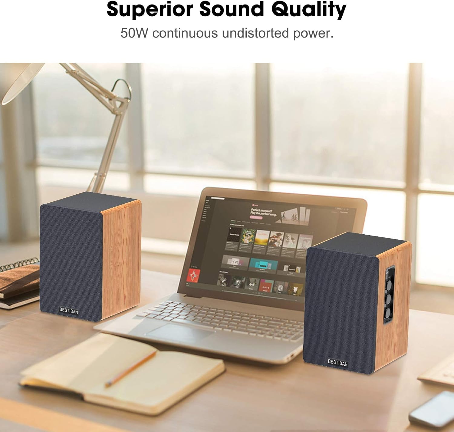 Bookshelf Speakers, BESTISAN Powered Bluetooth Bookshelf Speakers, Optical Input, Wireless Studio Monitors, 4 Inch Near Field Speaker - 50W RMS