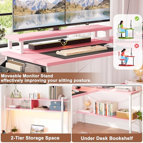 Aheaplus L Shaped Gaming Desk with Power Outlets & LED Lights, Small L- Shaped Desk Computer Corner Desk with Monitor Stand & Storage Shelf