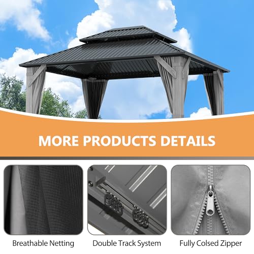 12'x12' Hardtop Gazebo, Outdoor Double Roof Galvanized Steel Gazebos, Aluminum Frame Permanent Pavilion with Curtains & Netting for Backyard, Patio