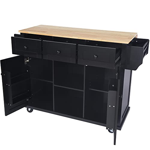 Farmhouse Kitchen Island with Power Outlet, Drop Leaf, Spice Rack and Drawer,Rolling Kitchen Cart on Wheels