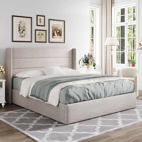 Allewie Full Size Lift Up Storage Bed, Modern Wingback Headboard, Hydraulic Support, No Box Spring Needed, Light Beige