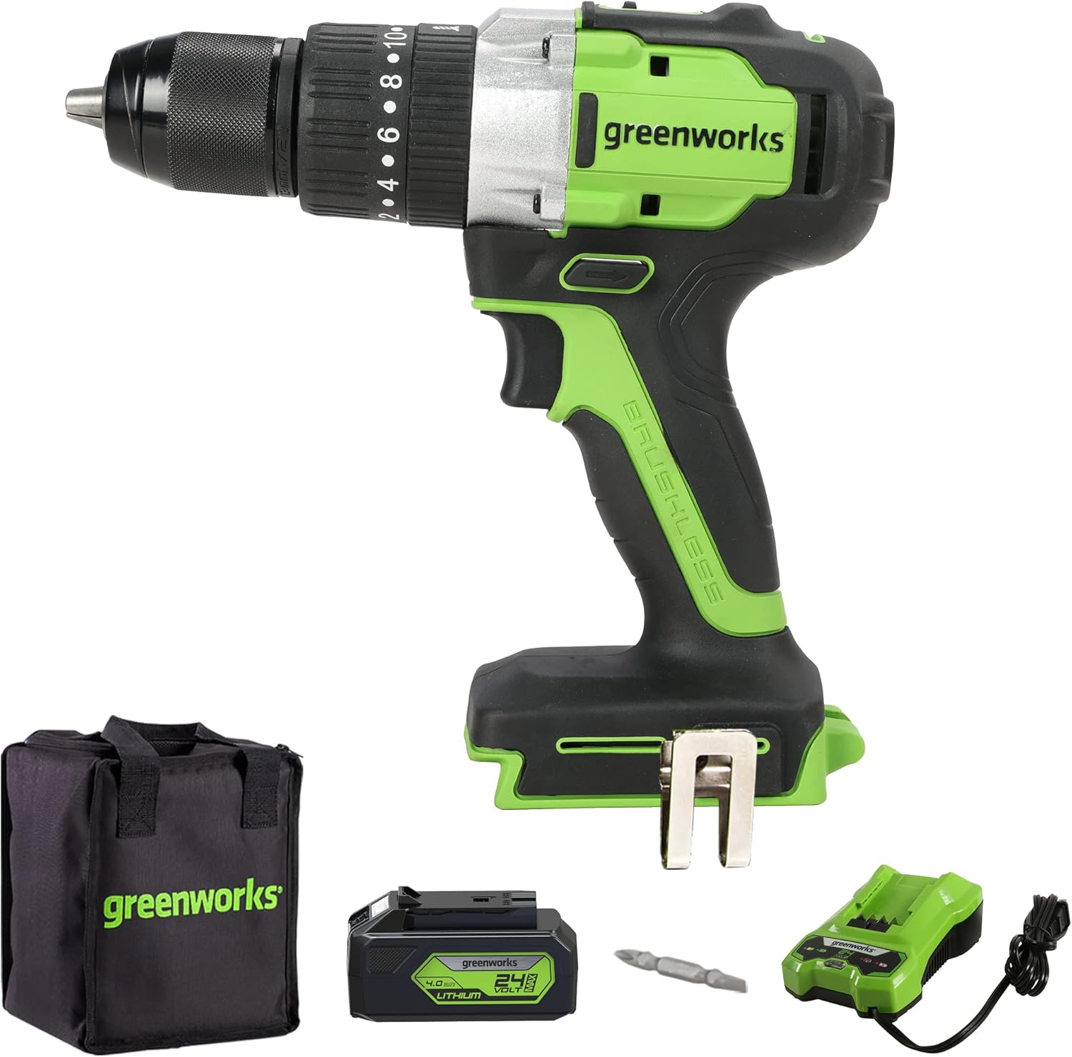 GreenWorks DDG402 Powertools Brushless Cordless Hammer Drill, Green