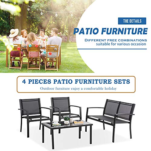 Vongrasig 4 Pieces Patio Furniture Sets,Outdoor Patio Conversation Sets with Glass Coffee Table, Small Porch Balcony Furniture