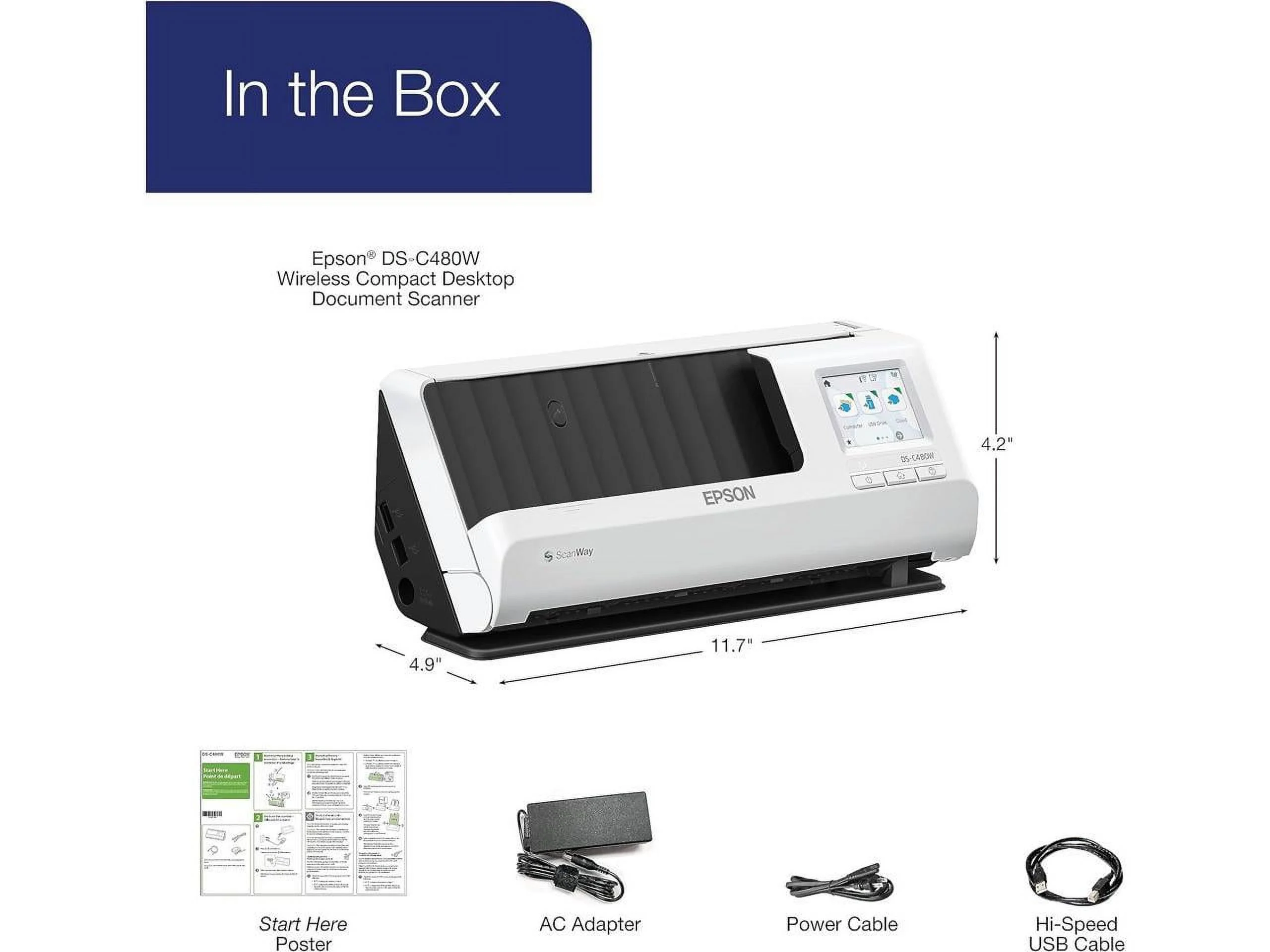 Epson DS-C480W Wireless Compact Desktop Document Scanner with Auto Document Feeder, 4.2" x 11.7" x 4.9", White