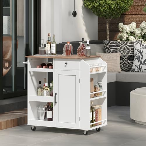 Kitchen Island with Power Outlet, Kitchen Storage Island with Drawer, Rolling Kitchen Cart on Wheels, Spice Rack, Towel Rack, Wine Rack