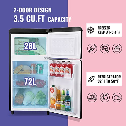 DEMULLER Mini Refrigerator 3.5 Cu.Ft Dual Door Fridge with Handle Adjustable Temperature with Top Mount Freezer Ideal for Home, Office, Dorm