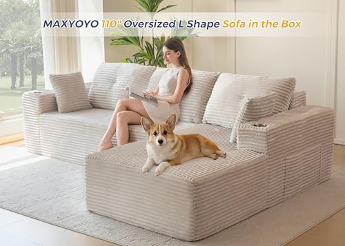 MAXYOYO 110" Modular Sectional Couch with L-Shape Chaise, Modern Boneless Couch for Living Room, Sofa in A Box, Oversized Sofa Sleeper with Deep Seat