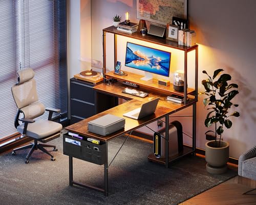 AODK L Shaped Desk Gaming Desk with LED Light & Power Outlet