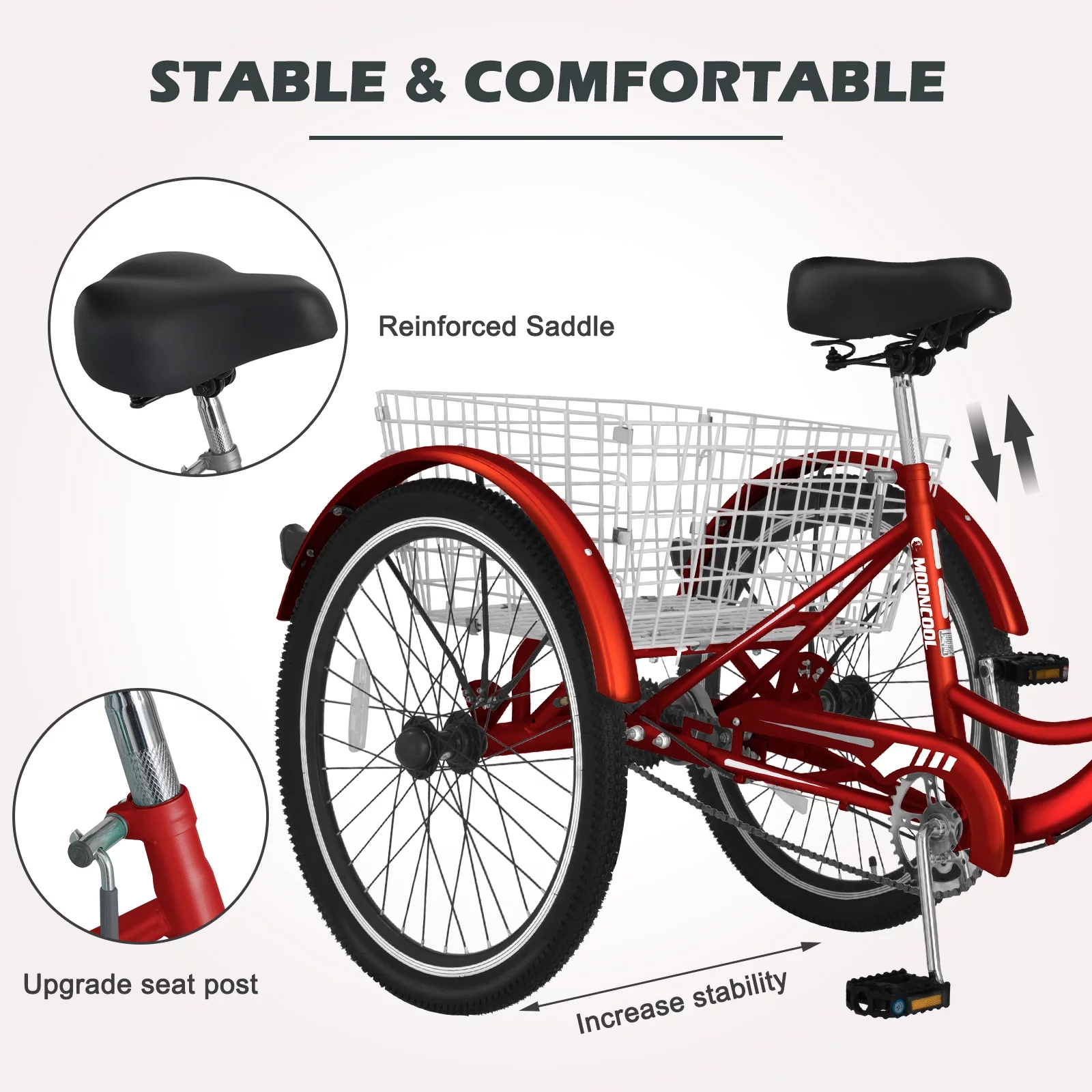 Adult Tricycles Single Speed, Adult Trikes 24 inch 3 Wheel Bikes, Three-Wheeled Bicycles Cruise Trike with Shopping Basket for Seniors, Women, Men