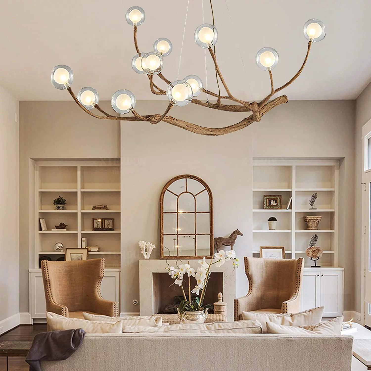 Miumaeov Modern Wood Branch Chandelier, 12 Lights Glass Bubble LED Pendant Ceiling Light, Adjustable Hanging Vintage Flush Mount Ceiling Light Fixture