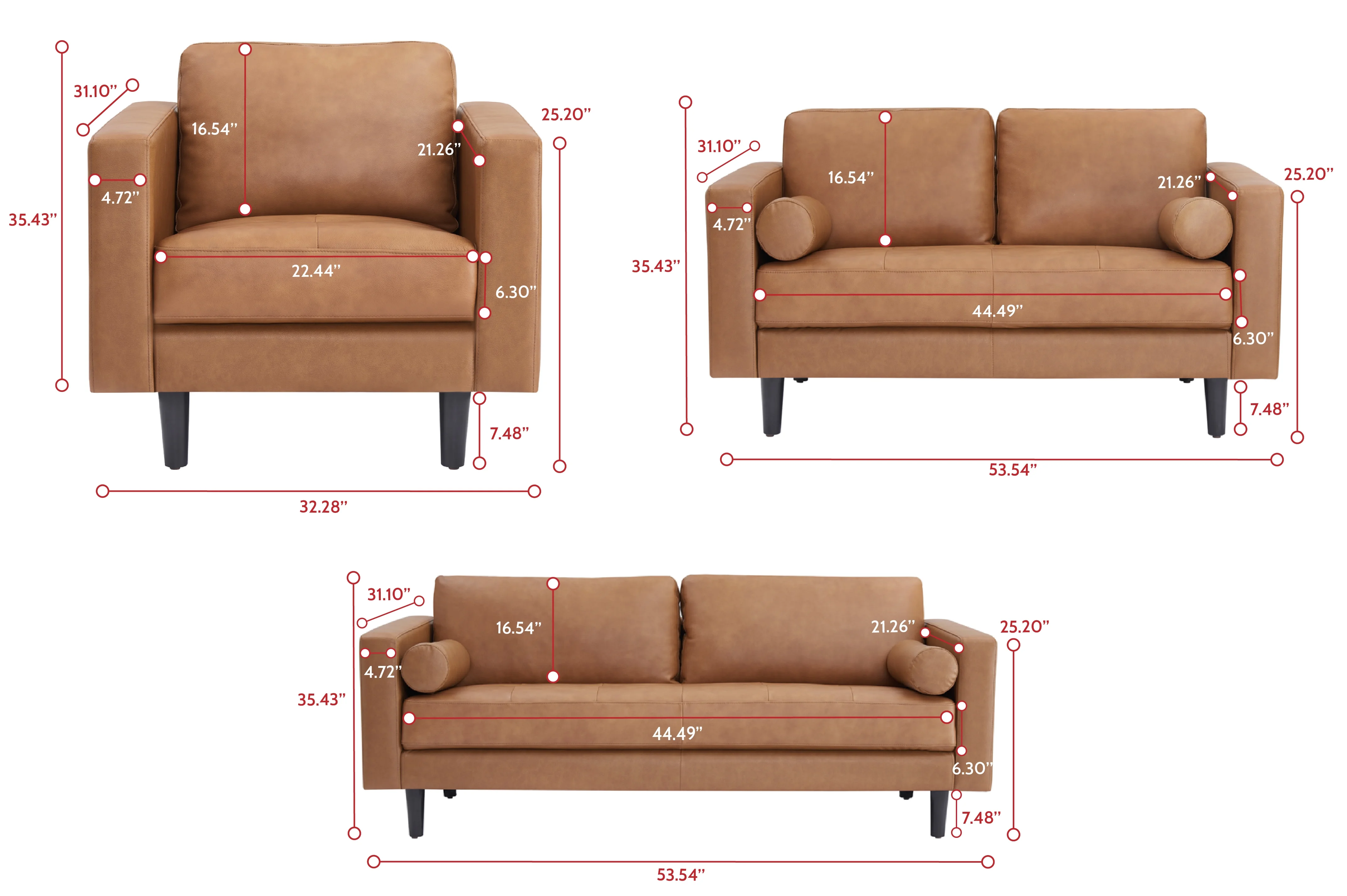 Naomi Home Marisa Top Grain Genuine Leather Mid-Century Sofa Set of 3, Chair/Loveseat/Sofa, Tan