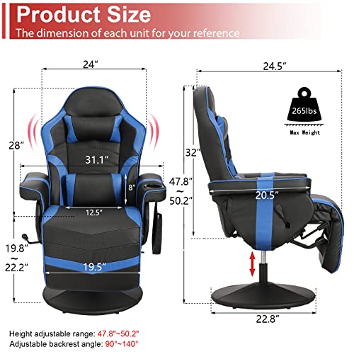 Massage Video Gaming Recliner Chair - Ergonomic Backrest & Seat Height Adjustment Swivel Recliner