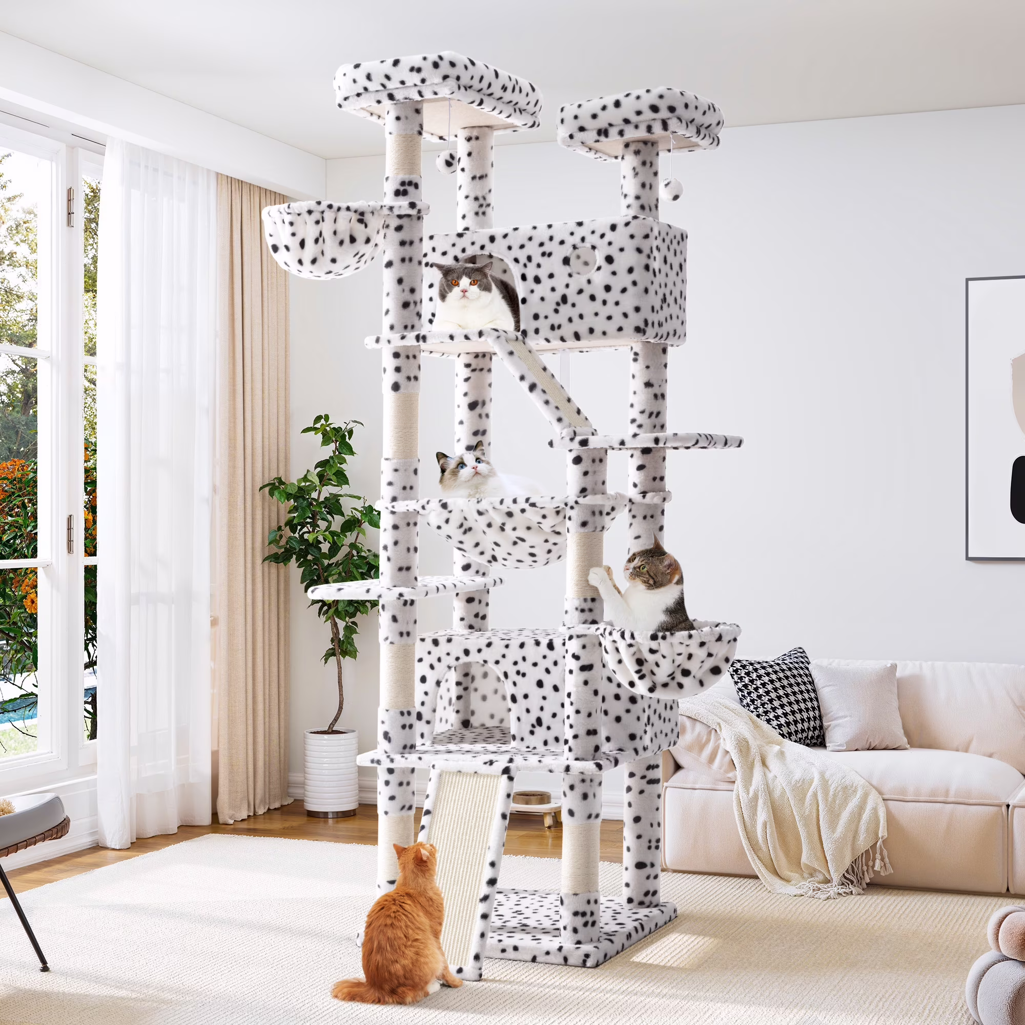 Allewie 81 Inches Multi-Level Tall Cat Tree for Large Cat, Cat Climbing Tree with Cat Condo and Hammock, Scratching Post, Wide Base, White/Black Spot