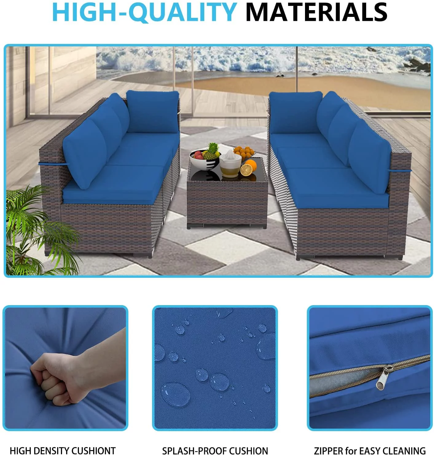 Gotland 8 Pieces Outdoor Patio Furniture with 43"Fire Pit Table, Furniture Patio Sectional Sofa Set,navy blue