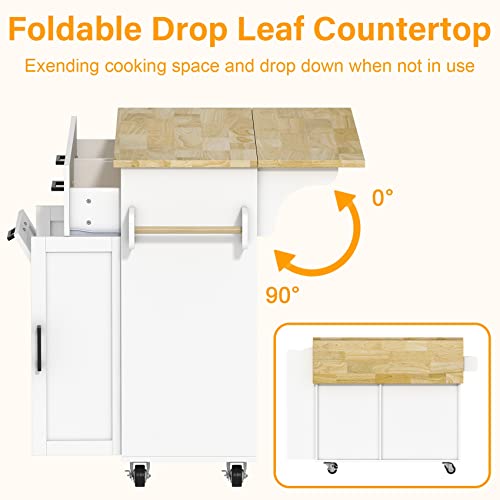 Rolling Kitchen Island with Trash Storage Cabinet, 2 Drawers, Kitchen Island with Drop Leaf, Kitchen Storage Islands Carts W/ 3 Spice Rack