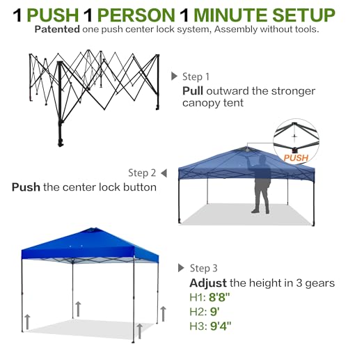 10'x10' Pop Up Canopy Tent with 1 Sidewall and 6 Pockets, One Push Setup, Instant Shade Tent with Vented Roof for Beach Patio Outdoor, Case, 8 Stakes